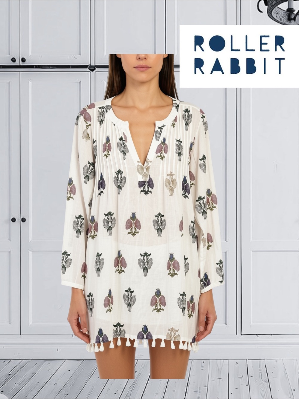 Roller Rabbit White Arielle Ziva Block Print Tunic Cover Up Dress Size Small